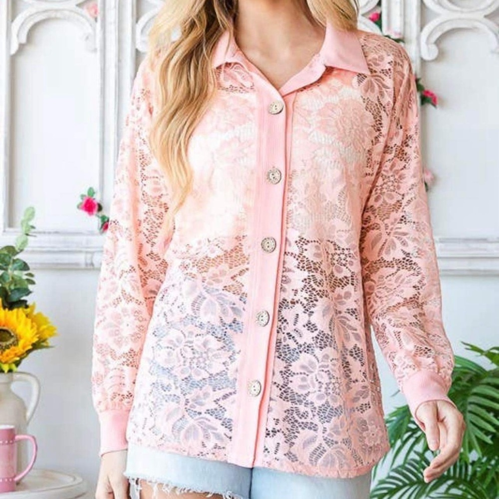 New Pink/peach see through lace button up blouse. Size medium. Brand HeimishUSA